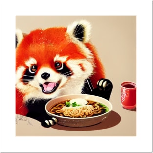 Kawaii Red Panda Eating Ramen Posters and Art